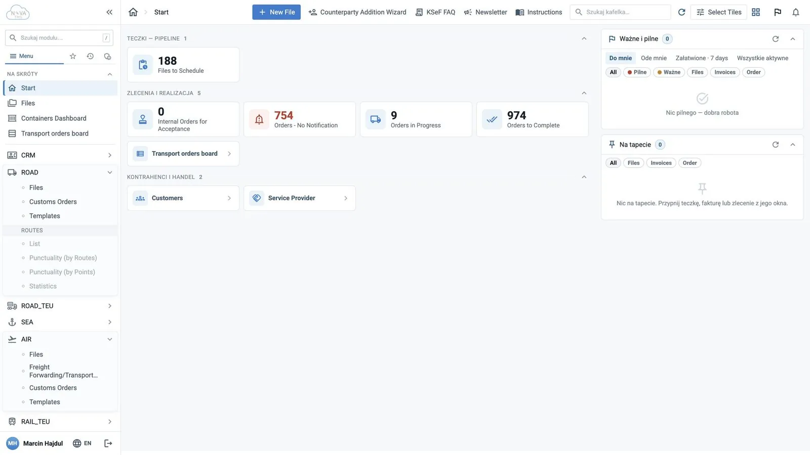 Startdashboard van nova:tms